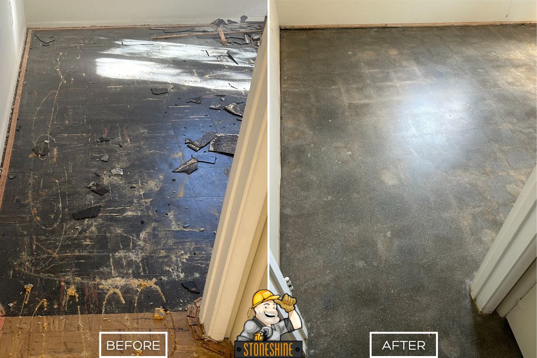 Before and after of StoneShine's concrete grinding service in Palm Springs. An old, damaged flooring surface is removed and expertly ground down, creating a smooth and level subfloor ready for new installation.