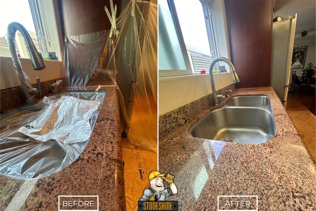 Before and after of StoneShine's granite countertop crack repair in Los Angeles. A damaged kitchen countertop with plastic coverings is restored to a smooth, polished surface with seamless repairs.