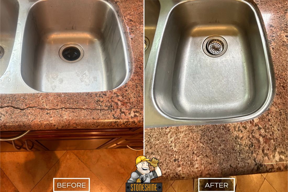 Close-up before and after of StoneShine's granite countertop crack repair in Los Angeles. A visible crack along the edge near the sink is seamlessly repaired, restoring the countertop’s smooth and polished appearance.