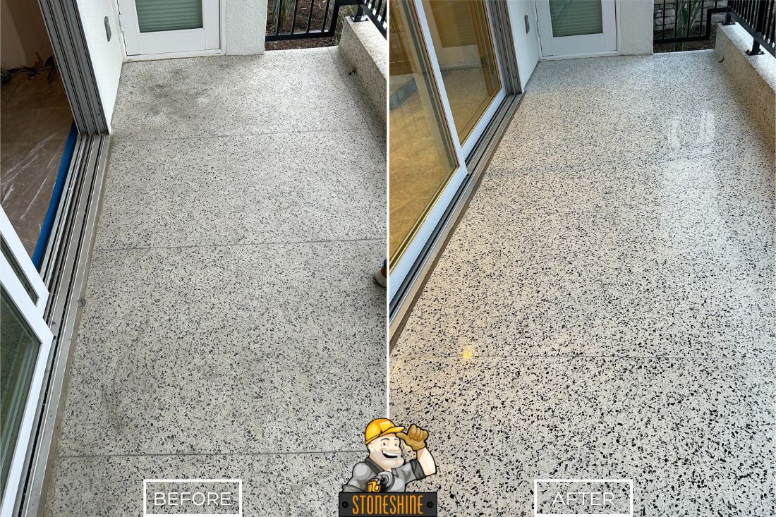 Before and after of StoneShine's commercial terrazzo floor refinishing in Laguna Beach. A dull outdoor floor is restored to a bright, polished surface, enhancing durability and appearance.