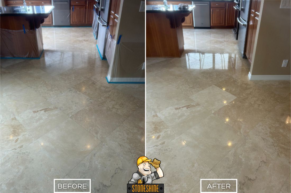 Before and after of StoneShine's travertine floor sealing and polishing service. A dull kitchen floor is transformed into a smoother, moderately polished surface with enhanced shine and reflectiveness.