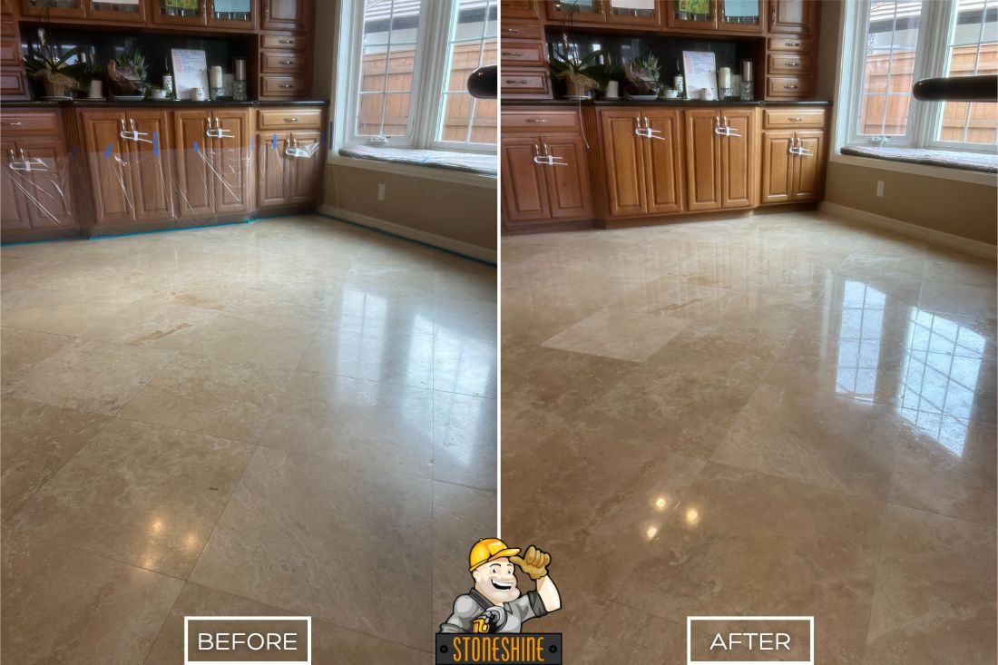 Before and after of StoneShine's travertine sealing and polishing service. A dull dining area floor is revitalized with a subtle polish and enhanced reflectiveness from sealing, creating a clean, refreshed look with natural light bounce.