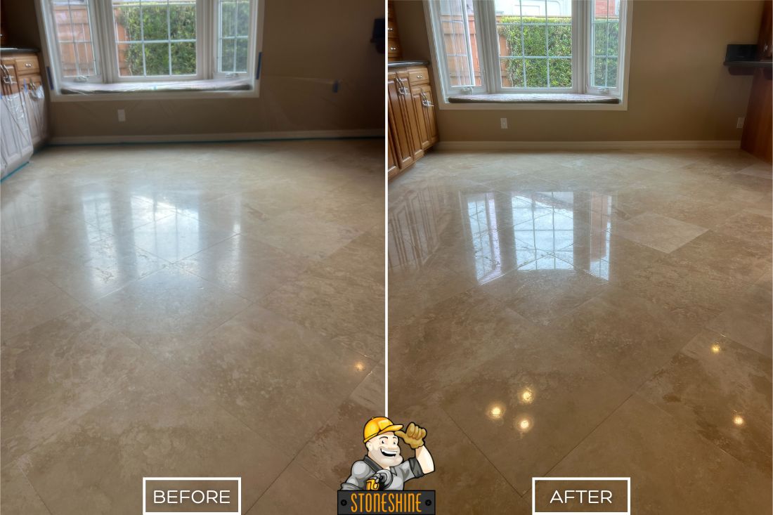 Before and after of StoneShine's travertine floor sealing and light polishing service. A cloudy residential floor is transformed into a clean, subtly polished surface with a reflective finish that brightens the space.