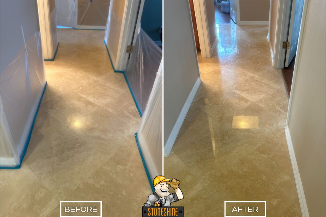 Before and after of StoneShine's travertine sealing and polishing service. A dull residential hallway floor is restored with a light polish and high-quality sealant, bringing out a warm, natural shine and a cleaner appearance.