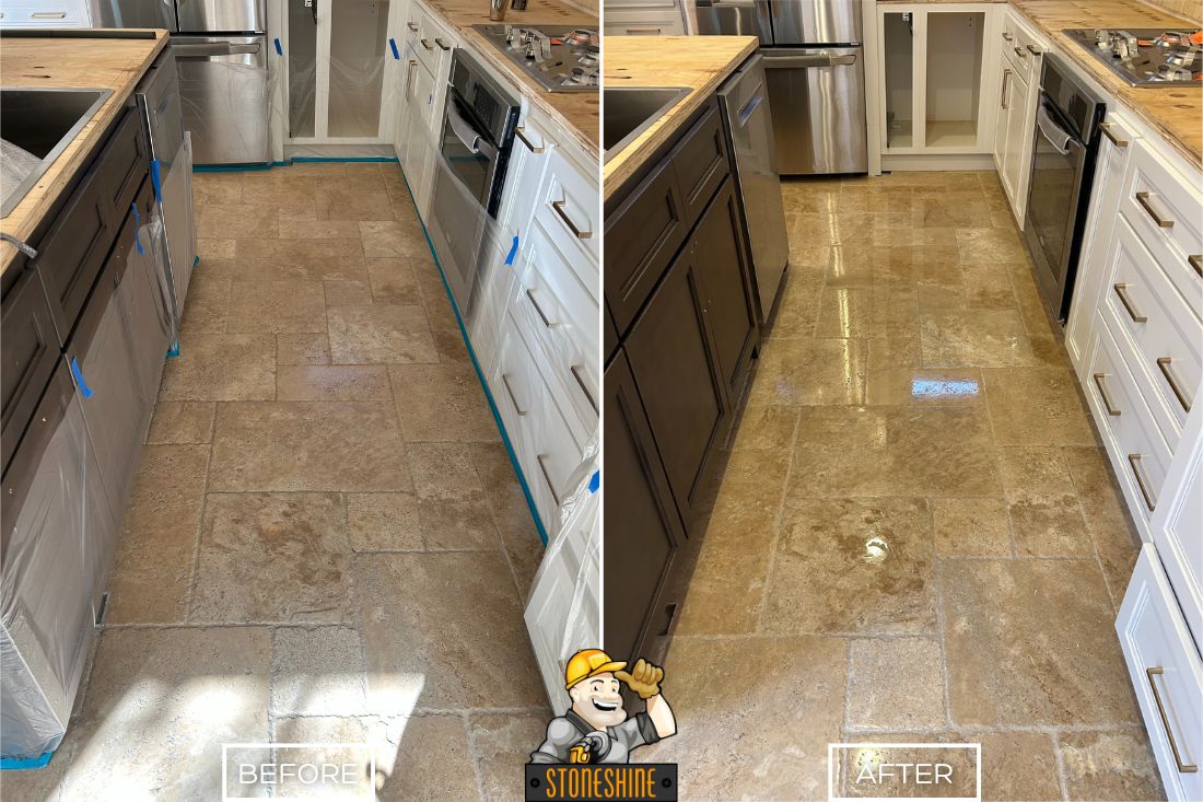 Before and after of StoneShine's travertine floor restoration service in Irvine. A dull kitchen floor is transformed into a smooth, glossy, and refreshed surface, enhancing the space's natural stone beauty.