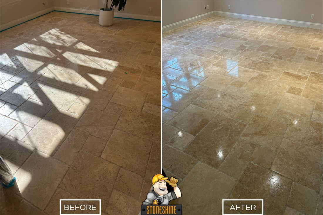 Before and after of StoneShine's travertine floor restoration in Irvine. A worn and matte residential floor is professionally restored to a glossy finish, enhancing the stone’s natural color and creating a more refined interior look.