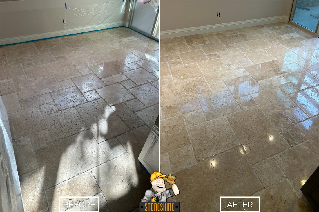 StoneShine restored this travertine floor in Irvine, transforming a dull, etched surface into a glossy, light-reflective finish. The enhanced shine brings out the stone’s natural texture and adds warmth to the residential space.