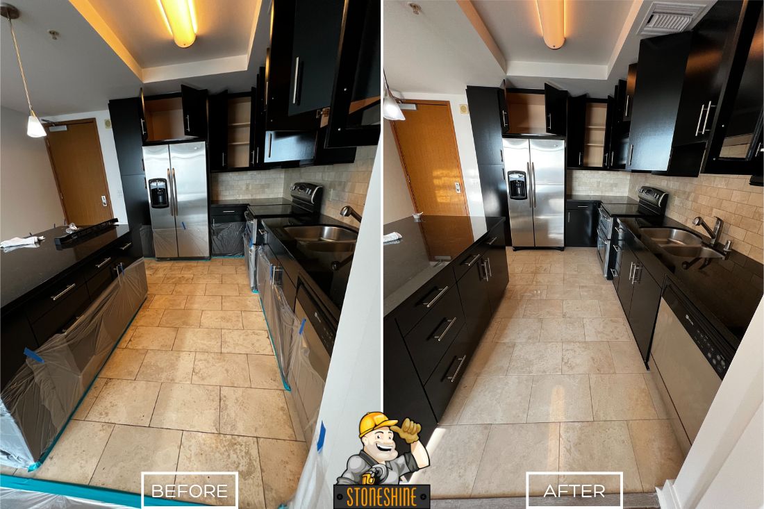 Before and after of StoneShine's travertine floor restoration service in Los Angeles. A dull and scuffed kitchen floor is transformed into a clean, polished surface that enhances the modern look of the residential space.