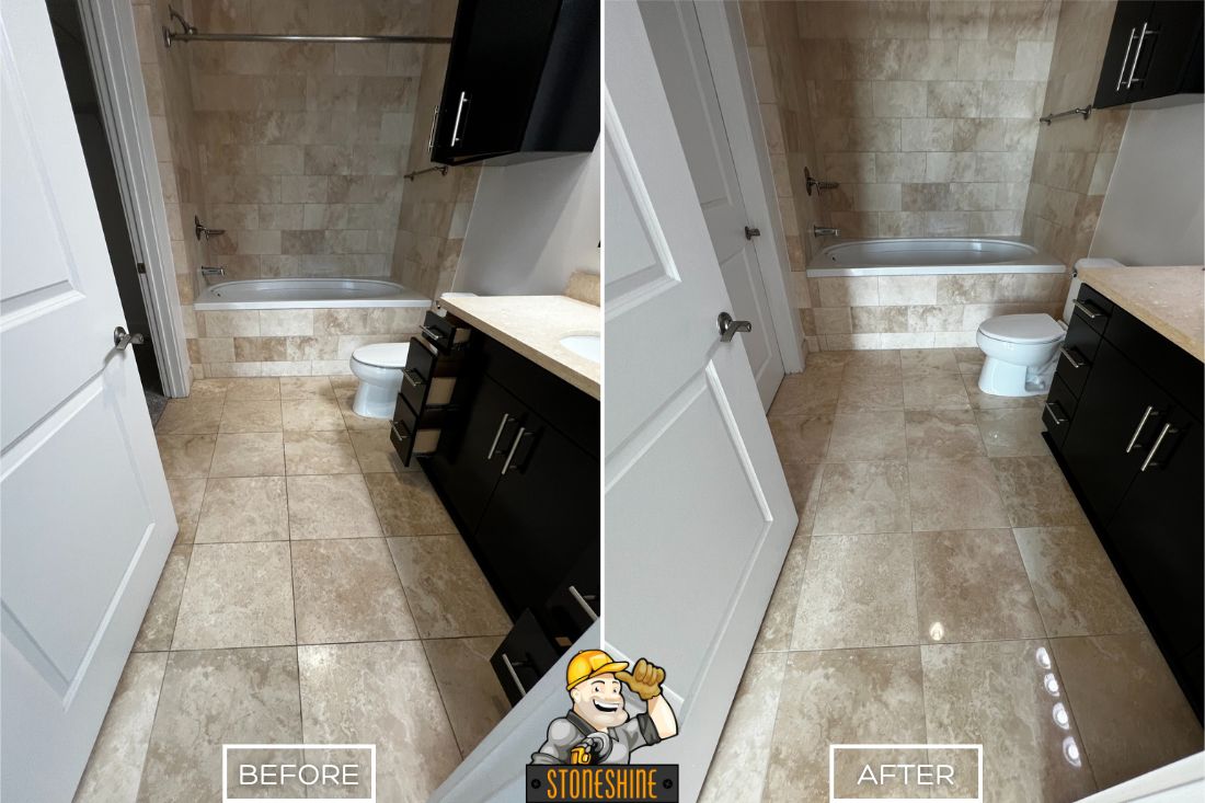 Travertine floor restoration service in Los Angeles showing the before condition and the transformation after cleaning, stain removal, polishing, and sealing in a residential bathroom for a smooth, glossy finish.