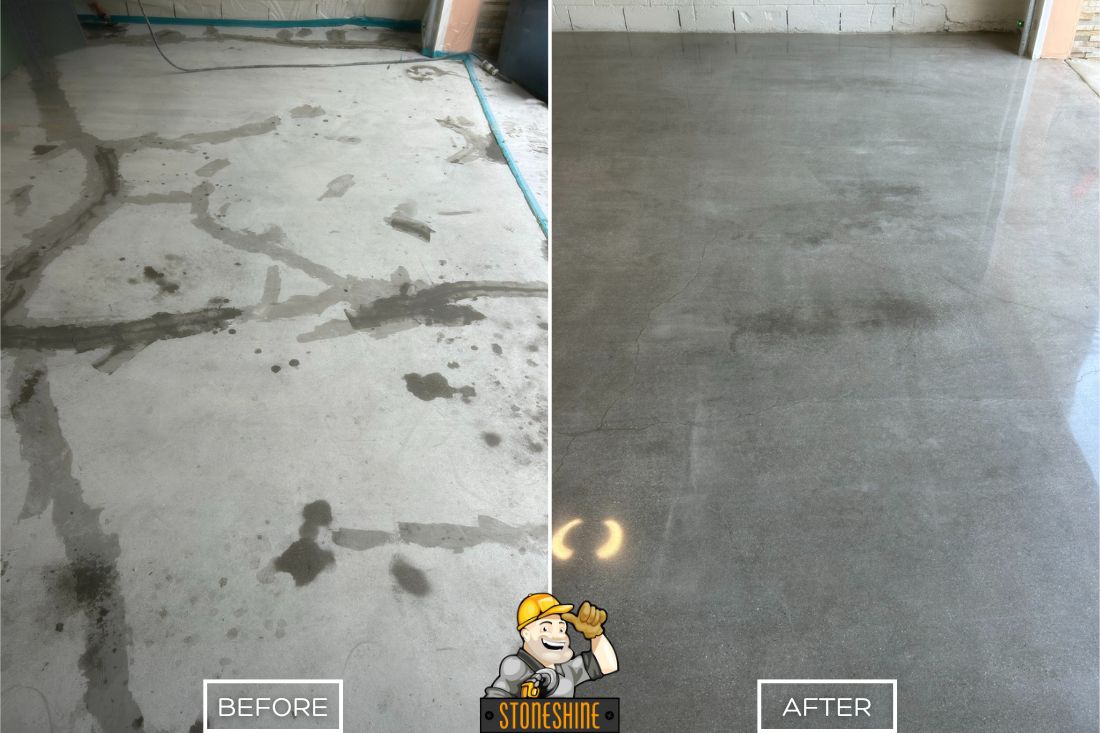 Before and after of StoneShine's concrete polishing service in Mission Viejo. A rough, cracked garage floor is transformed into a polished surface that’s easy to clean and maintain.