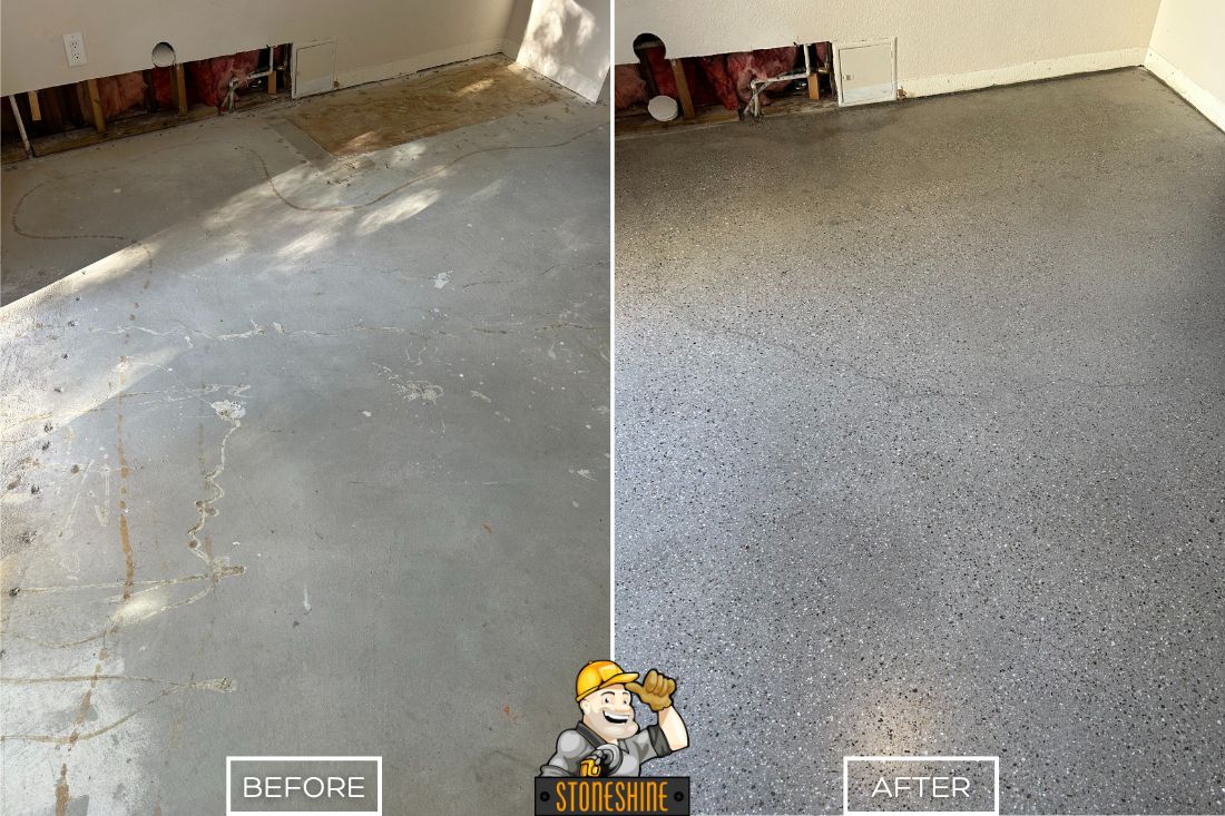 Before and after of StoneShine's concrete grinding service in Palm Desert. A rough residential floor is smoothed and leveled, preparing the surface for new flooring installation.