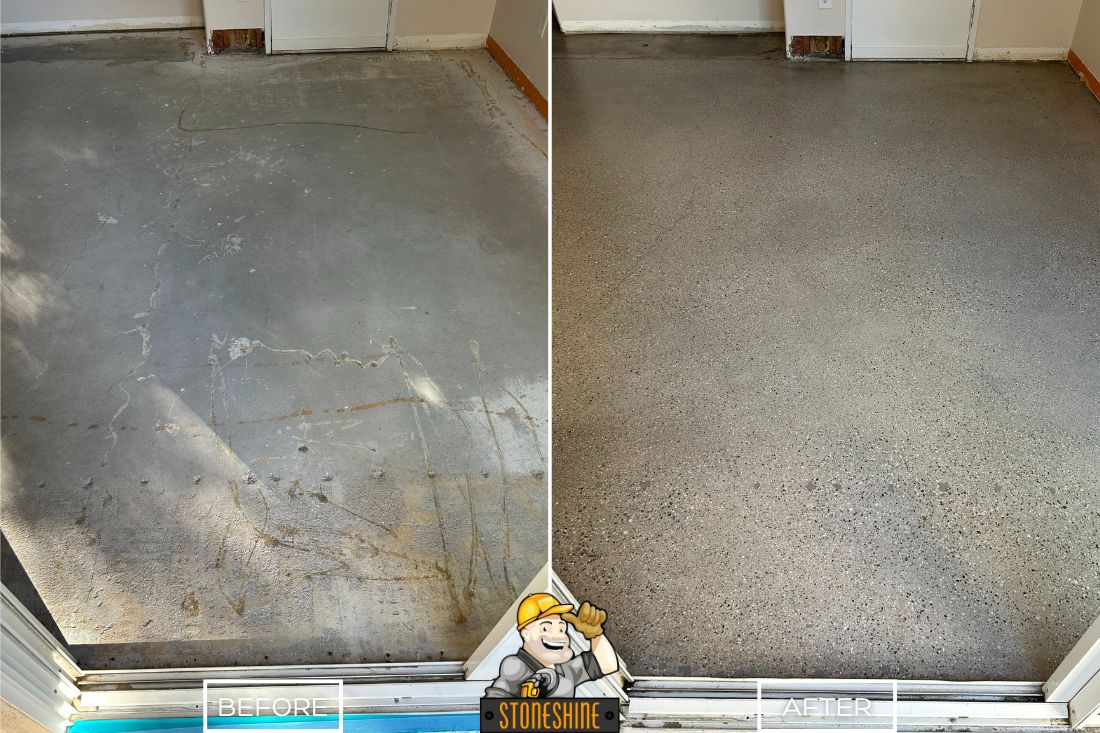 StoneShine’s concrete grinding service in Palm Desert shown before and after. The damaged residential floor was leveled and smoothed, creating a clean base ready for new flooring installation.