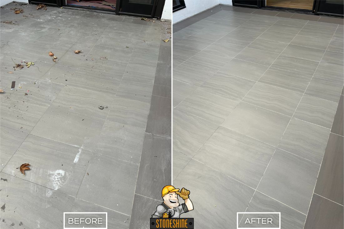 Before and after of StoneShine's limestone floor cleaning and sealing service in Los Angeles. A stained and weathered residential patio is transformed into a clean, sealed surface with enhanced natural color and protection.