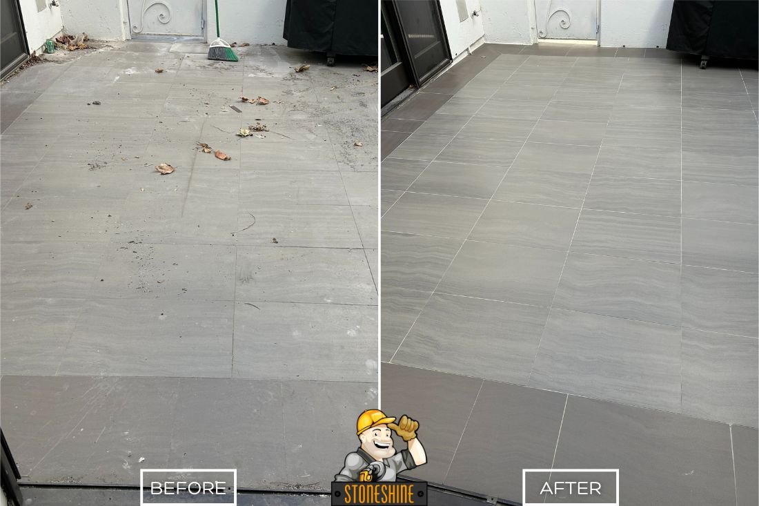 StoneShine's limestone floor cleaning and sealing in Los Angeles. A dusty, discolored patio is revitalized with a deep clean and professional seal, revealing a smooth, sleek finish that enhances the natural stone’s elegance.