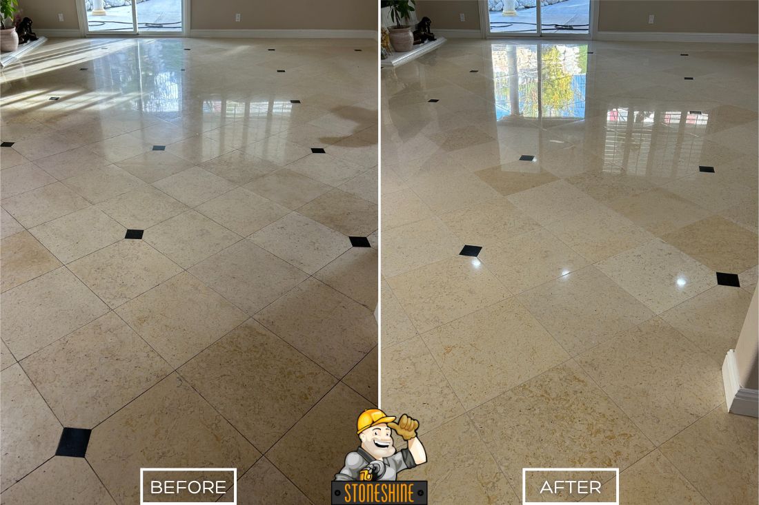 StoneShine restored this limestone floor in Los Angeles, bringing new life to a dull residential space. The transformation reveals a smooth, glossy finish that brightens the entire room and enhances its natural elegance.