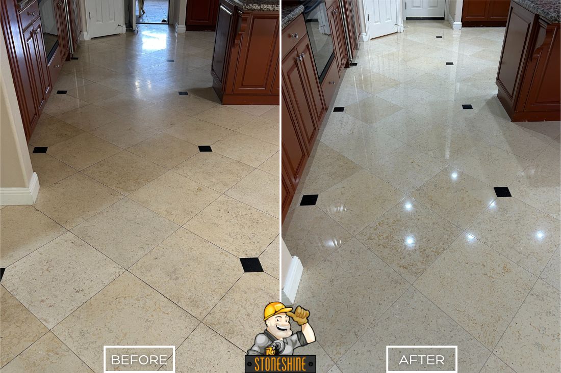 In this Los Angeles kitchen, StoneShine turned a tired limestone floor into a sleek, glossy surface. The refreshed finish reflects light beautifully, creating a clean and inviting space perfect for everyday living.