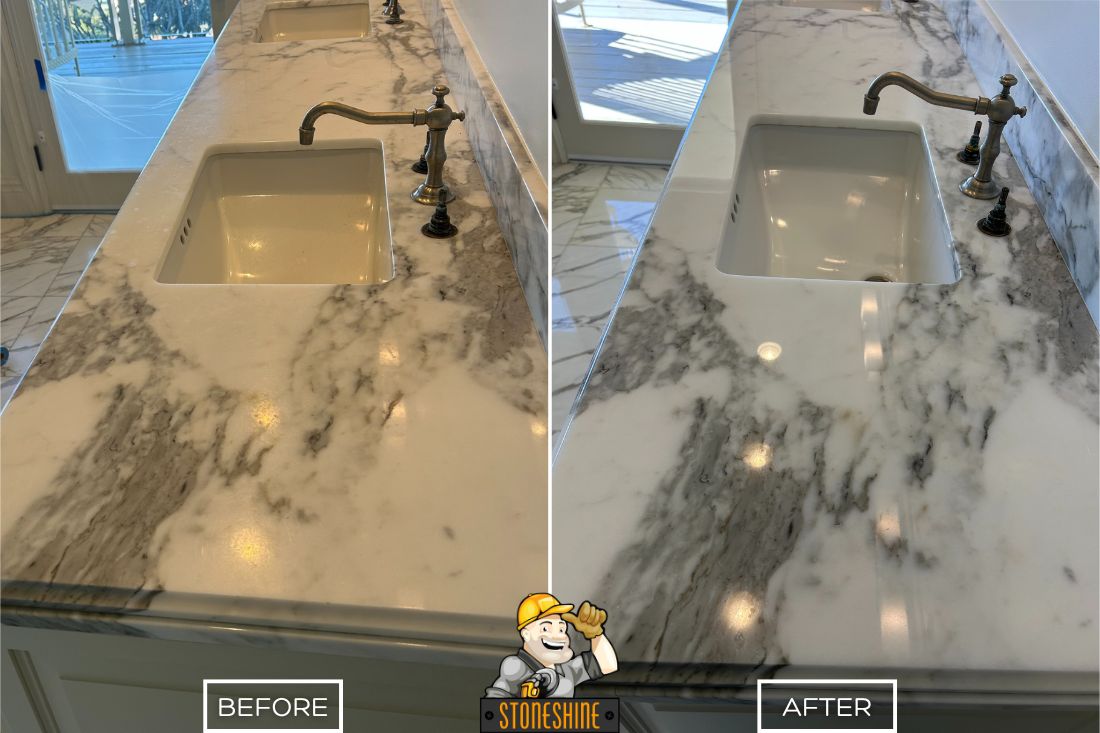 Before and after of StoneShine's marble countertop restoration in Laguna Beach. A dull and worn bathroom vanity surface is restored to a glossy, smooth finish, enhancing the marble's natural veining and elegance.