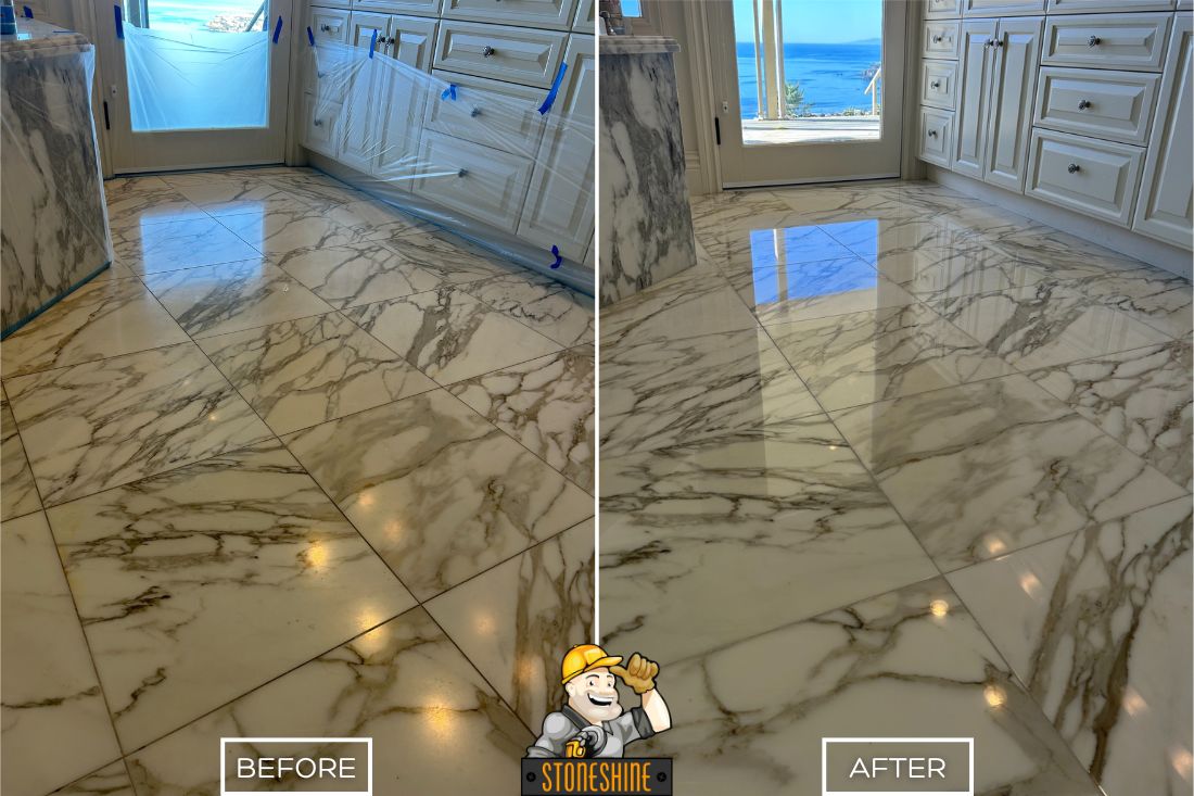 Before and after of StoneShine's marble floor restoration in a Laguna Beach bathroom. A dull and scuffed surface is transformed into a polished, reflective finish that highlights the marble's natural patterns and enhances the space's elegance.