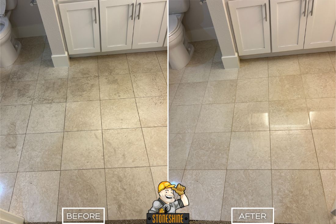Before and after of StoneShine's marble floor restoration service in Palm Desert. A stained and dull bathroom floor is transformed into a clean, polished, and glossy surface, enhancing the space's elegance and brightness.