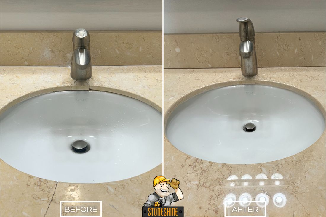 Before and after of StoneShine's marble countertop crack repair service in Lake Forest. A bathroom vanity with visible cracks is restored to a smooth, polished surface for a clean and refined look.