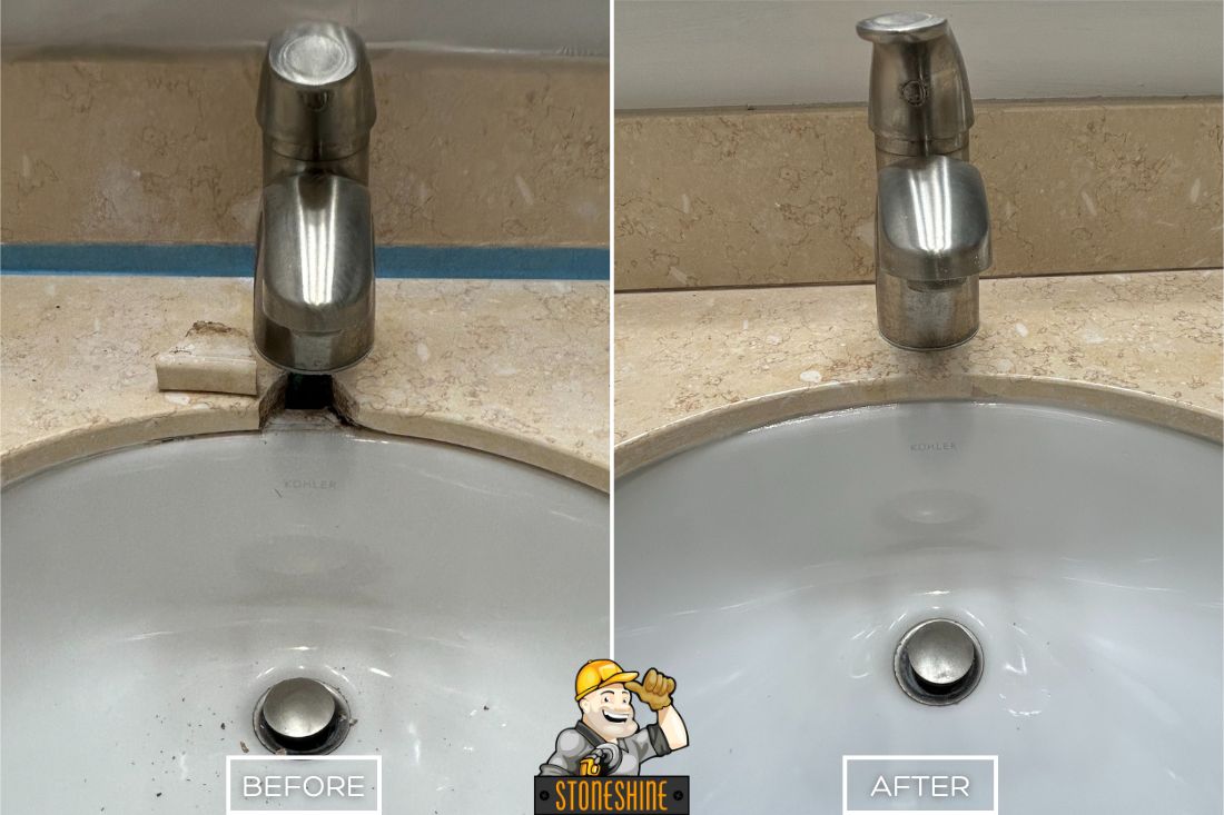 StoneShine restored this marble countertop in Lake Forest, expertly repairing a deep crack around the faucet. The damaged surface is now seamlessly polished and like new.