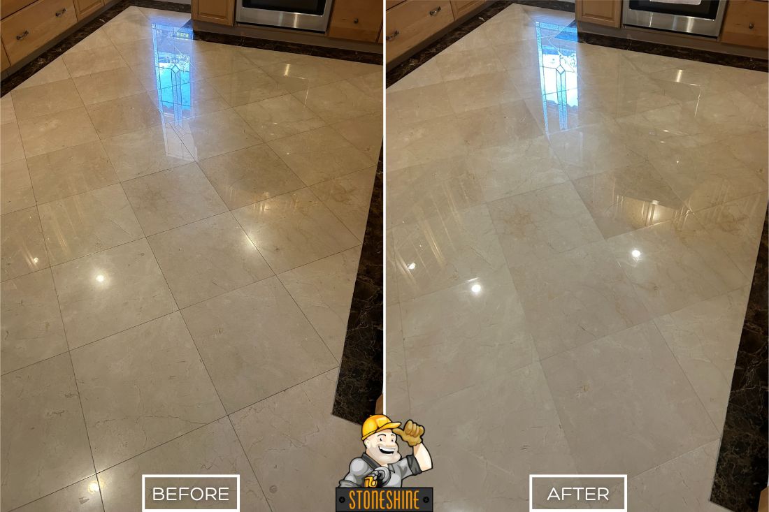 Before and after of StoneShine's marble floor restoration service in Diamond Bar. A dull kitchen floor is restored to reveal the true color and natural beauty of the marble surface, enhancing the space’s elegance.