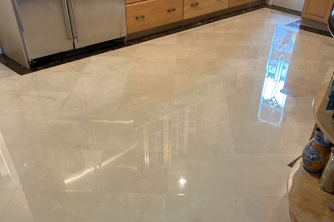 StoneShine’s marble floor restoration in Diamond Bar brings out the rich, natural tones of the kitchen floor. The surface now reflects light beautifully, showcasing the stone’s original charm and character.
