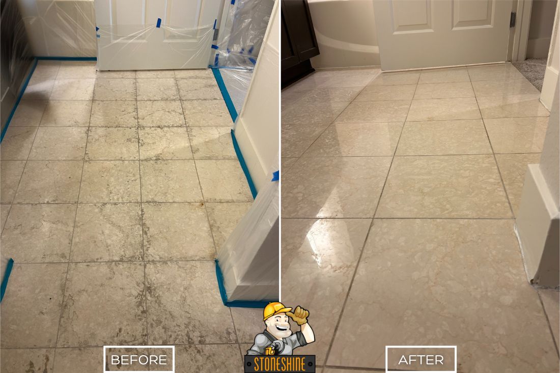 Before and after of StoneShine's marble floor restoration service in Los Angeles. A dull and stained bathroom floor is transformed into a polished, clean, and elegant surface, enhancing the space’s overall appearance.