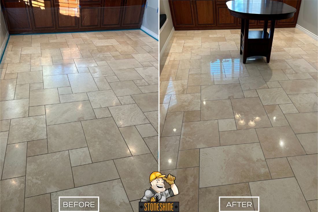 Before and after of StoneShine's travertine polishing service in Newport Beach. A dull residential floor is transformed into a glossy, smooth surface with enhanced clarity and reflection.