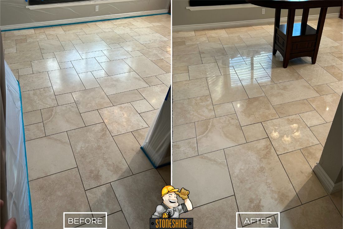 Travertine floor polishing by StoneShine in Newport Beach. The before image shows a cloudy, lifeless surface, while the after reveals a crisp, polished finish that reflects natural light and elevates the room’s overall look.