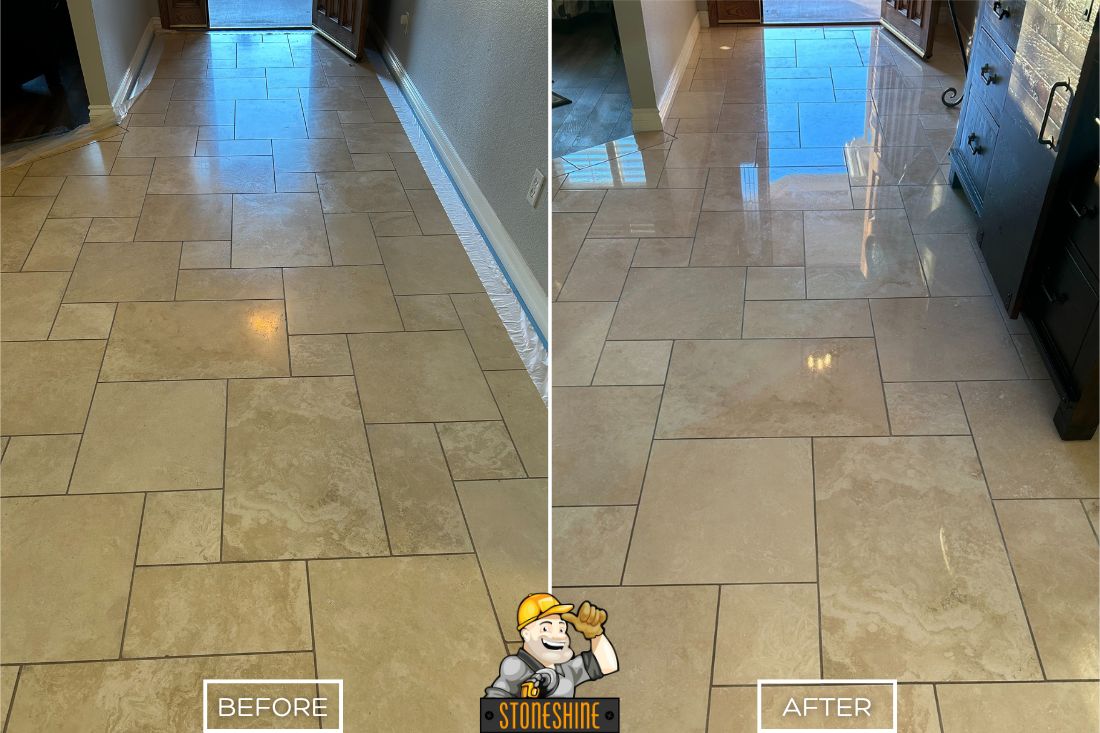 StoneShine revitalized this residential floor in Newport Beach with expert travertine polishing. The once dull and hazy tiles now shine with a smooth, high-gloss finish that brightens the entire entryway.