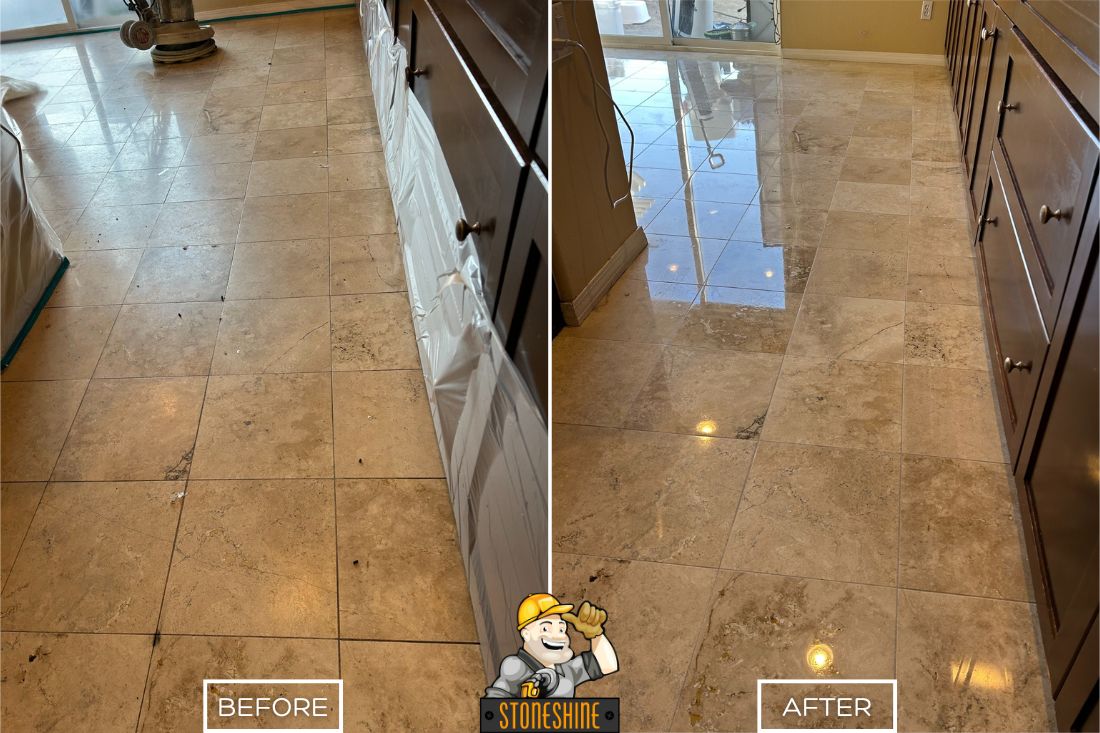 Before and after of StoneShine's travertine floor restoration service in Lake Forest. A dull and dirty kitchen floor is transformed into a polished, reflective surface that enhances the space’s elegance and cleanliness.