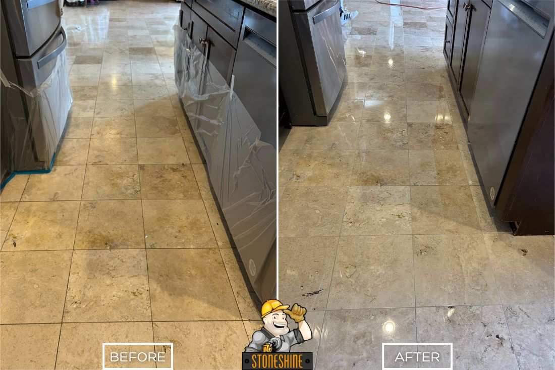 StoneShine restored this travertine kitchen floor in Lake Forest, taking it from dull and worn to sleek, polished, and shiny. The transformation brings a refreshed, high-end look to the space.