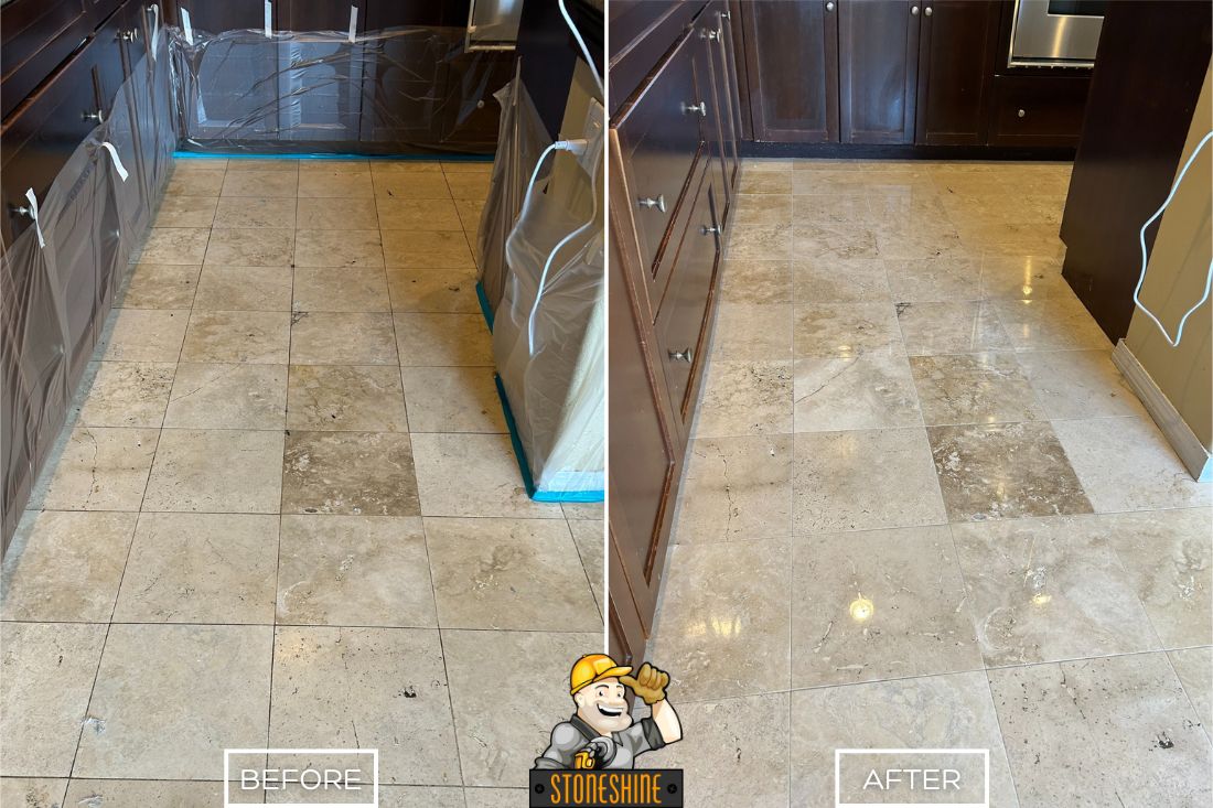 Travertine floor restoration by StoneShine in Lake Forest. The kitchen floor goes from dull and stained to beautifully polished, revealing the natural stone’s rich tones and enhancing the room’s overall brightness.