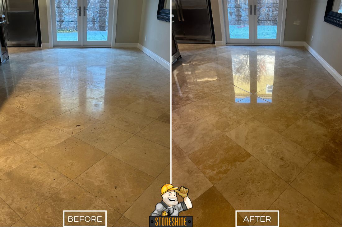 Before and after of StoneShine's travertine floor restoration service in Rancho Mirage. A dull residential entryway floor is transformed into a polished, reflective surface that enhances the home's brightness and elegance.