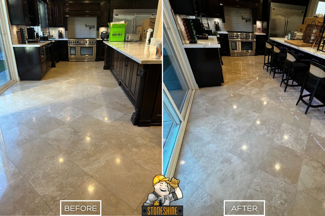 StoneShine restored the travertine flooring in this Rancho Mirage kitchen, transforming a dull, worn surface into a sleek, polished finish that brightens the entire cooking and dining area.