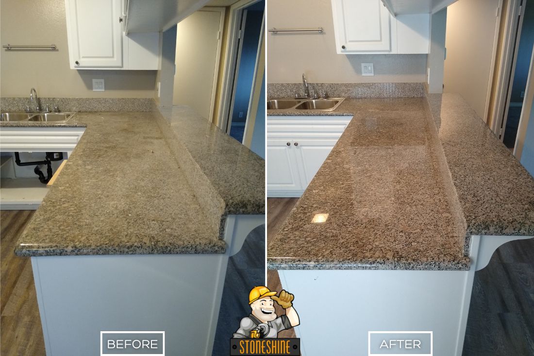 Before and after of StoneShine's granite countertop polishing service in Anaheim. A dull kitchen countertop is restored to a glossy, smooth, and reflective finish.