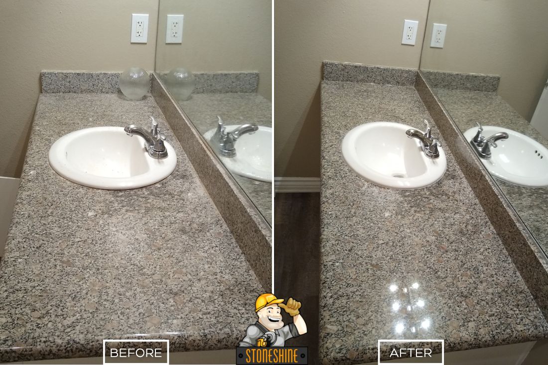 StoneShine's granite countertop polishing service in Anaheim. A bathroom vanity surface is transformed from dull and worn to sleek, polished, and reflective, restoring its original shine and elegance.