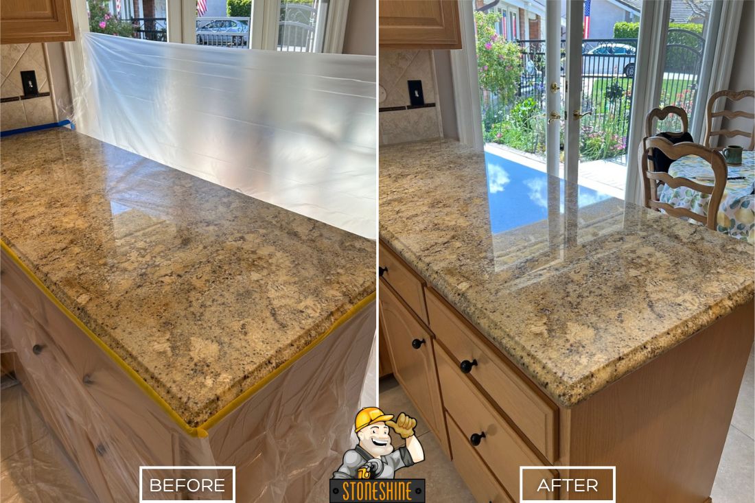 Before and after of StoneShine's granite countertop polishing service in Huntington Beach. A dull kitchen countertop is transformed into a polished, glossy surface that enhances the kitchen’s brightness and elegance.