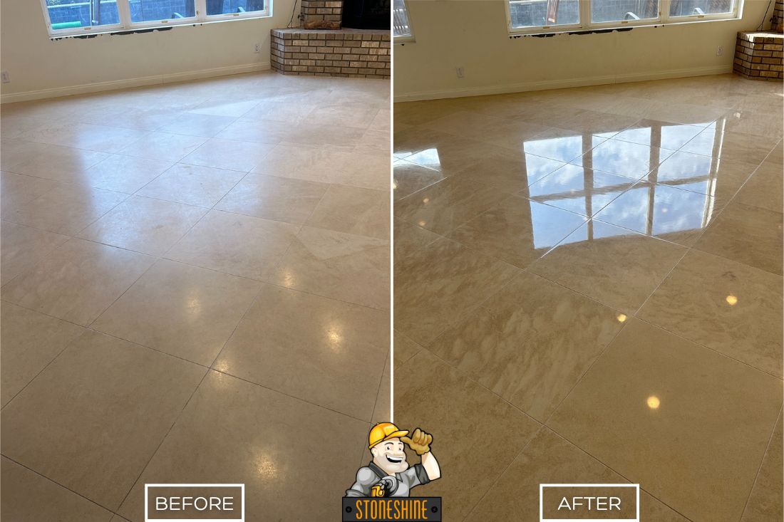 Before and after of StoneShine's limestone floor polishing service in San Juan Capistrano. A dull residential living room floor is transformed into a smooth, glossy, and reflective surface.