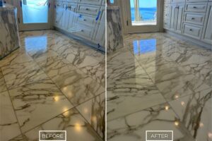 Marble bathroom floor and countertop restoration project in Laguna Beach.