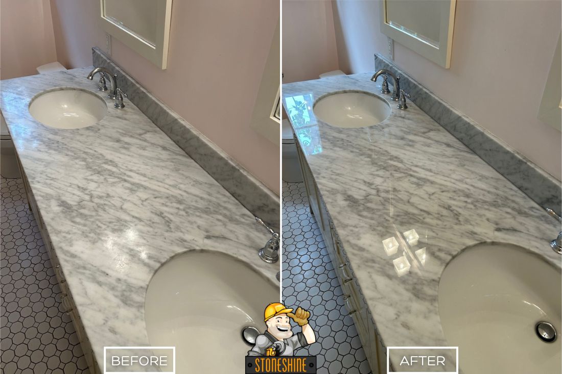 Before and after of StoneShine's marble countertop restoration service in Huntington Beach. A dull and worn bathroom vanity surface is restored to a smooth, glossy finish, enhancing its natural veining and elegance.