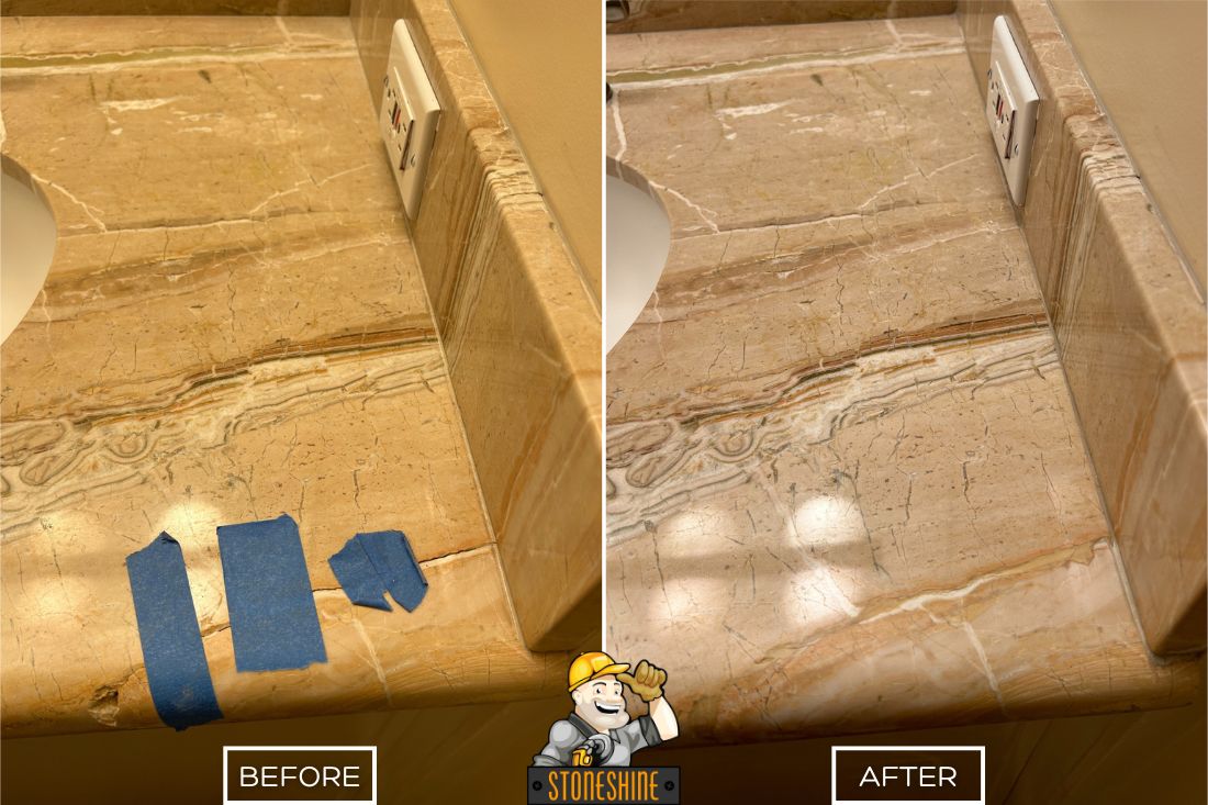 Before and after of StoneShine's marble countertop crack repair in Trabuco Canyon. A chipped and damaged bathroom vanity is restored to a smooth, polished surface with seamless repair.