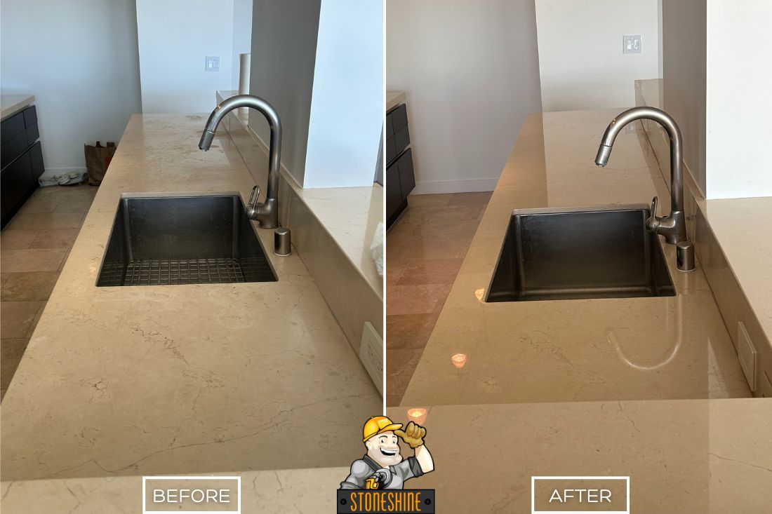 Before and after of StoneShine's marble countertop polishing service in West Hollywood. A dull kitchen countertop is restored to a smooth, glossy finish with improved clarity and shine.