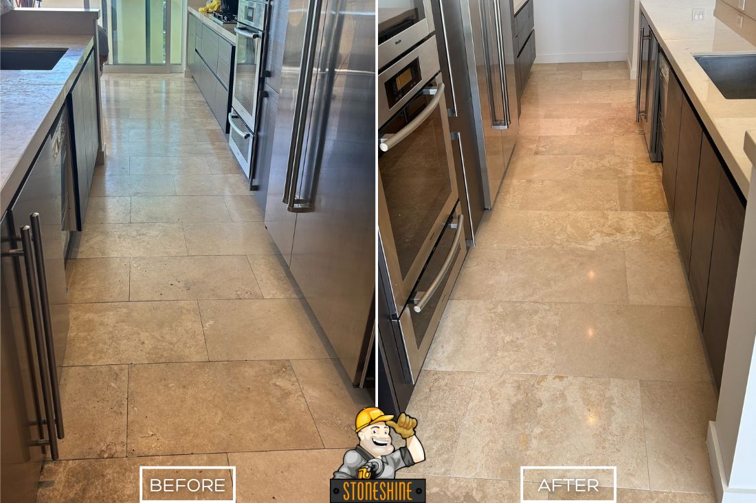 Before and after of StoneShine's marble floor polishing service in West Hollywood. A dull kitchen floor is transformed into a smooth, glossy surface with enhanced shine and elegance.