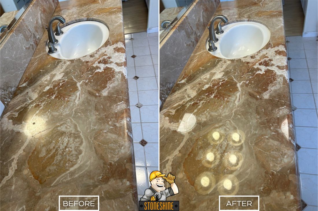 Before and after of StoneShine's marble countertop restoration service in Laguna Hills. A dull and worn bathroom vanity surface is transformed into a polished, glossy finish that enhances the stone's natural veining and elegance.