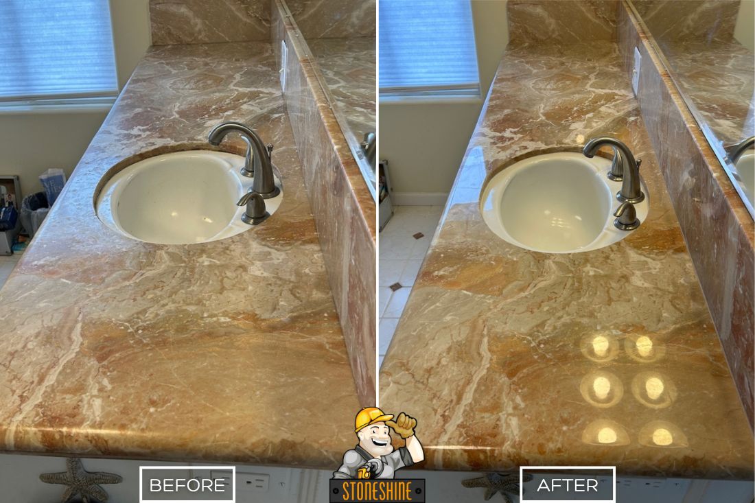 StoneShine restored this marble bathroom countertop in Laguna Hills, turning a dull and scratched surface into a smooth, glossy finish that brings out the rich natural tones of the stone.