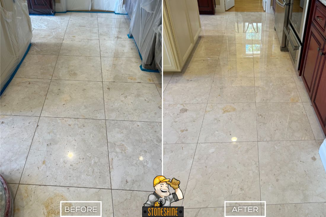 Before and after of StoneShine's marble polishing service in Los Angeles. A dull kitchen floor is transformed into a glossy, reflective, and elegant marble surface.