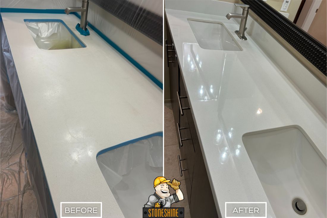 Before and after of StoneShine's quartz polishing service in Los Angeles. A dull bathroom countertop is transformed into a glossy, smooth, and like-new surface, enhancing the space’s cleanliness and modern appeal.