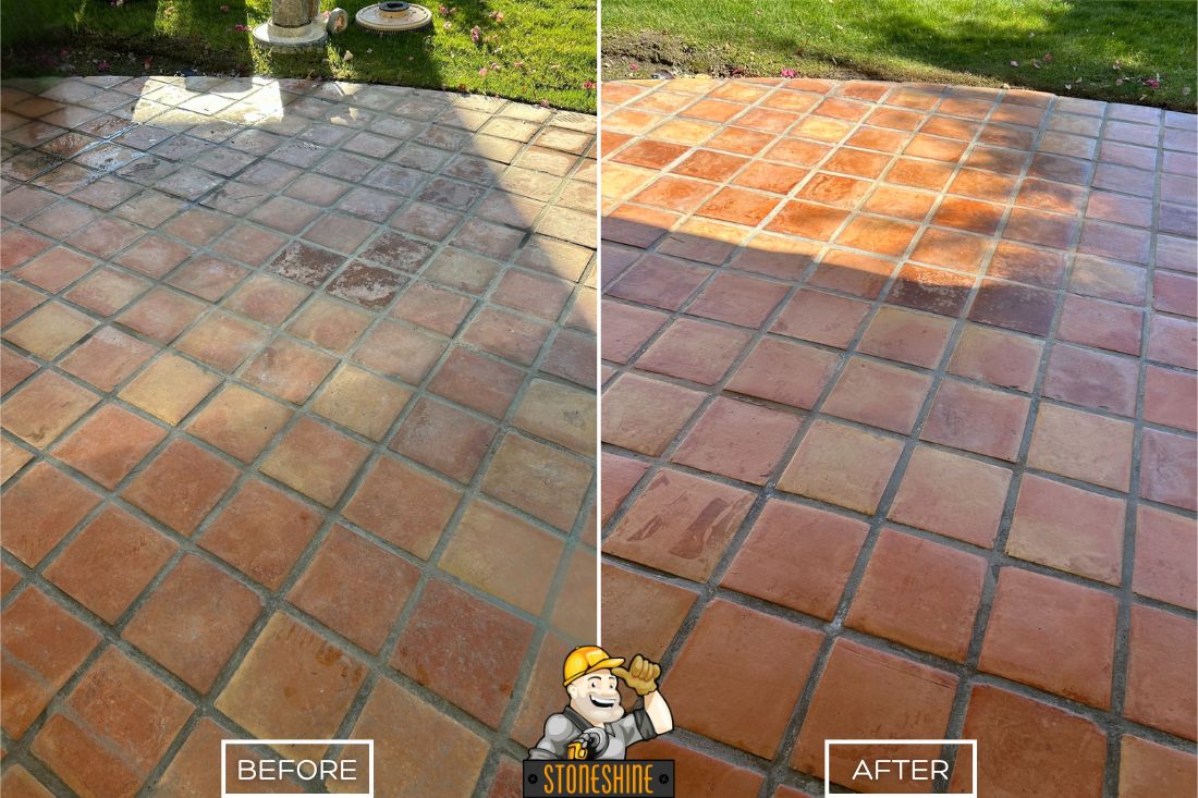 Before and after of StoneShine's Saltillo tile cleaning and sealing service in Palm Desert. A weathered outdoor patio is transformed into a vibrant, sealed surface with enhanced color and protection.